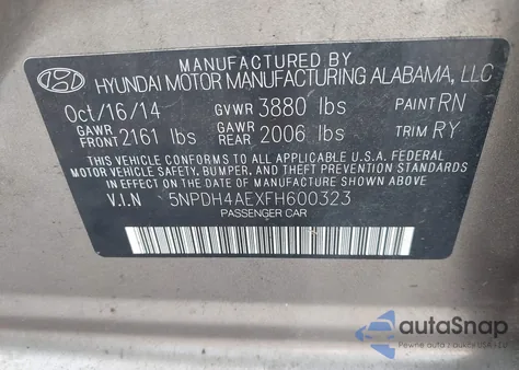 2015 Hyundai Elantra Se from USA, damaged, VIN 5NPDH4AEXFH600323